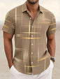 Summer Men's Geometric Grid  Plaid Shirts Short SleeveTurndown Hawaiian Shirt Button Up Shirts No Pockets Shirts