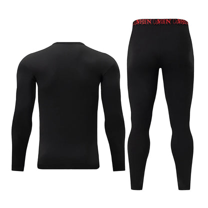 2-piece Men's Autumn And Winter Solid Color Round Neck Fashionable Printed Sports Thermal Underwear Set Simple And Comfortable