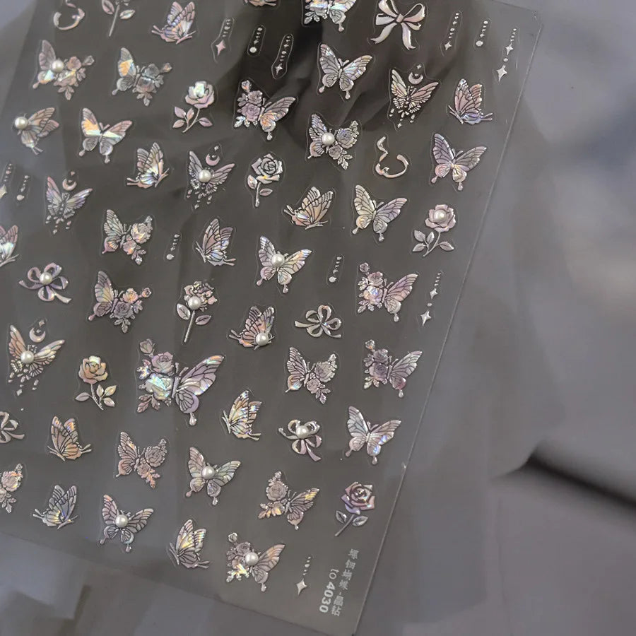 Shiny Jelly Butterfly Charming Golden Gradient Bowknot 5D Self Adhesive Nail Art Sticker Flower Petal Rhinestone Manicure Decals