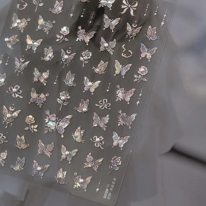 Shiny Jelly Butterfly Charming Golden Gradient Bowknot 5D Self Adhesive Nail Art Sticker Flower Petal Rhinestone Manicure Decals