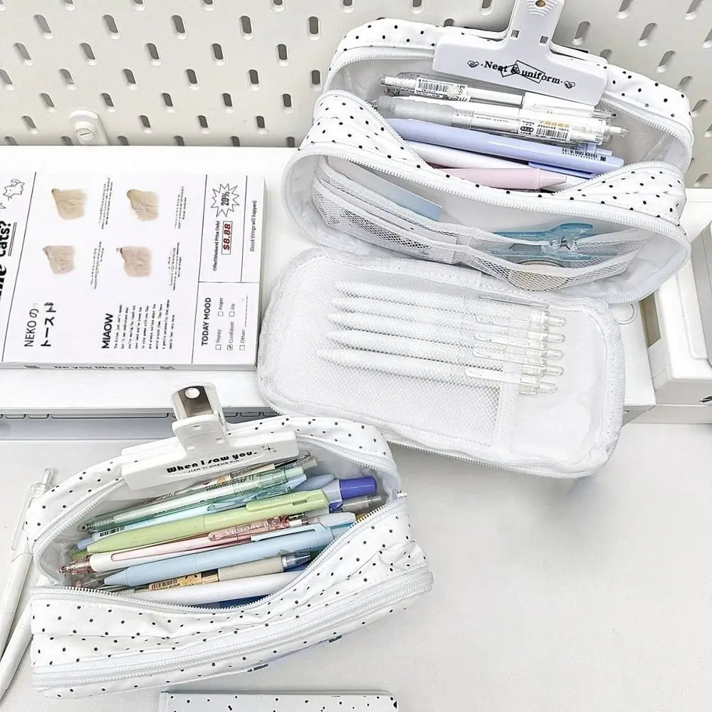 Multi-functional Black Polka Dot Pen Bag Large Capacity Multi-layer Pencil Case Portable Stationery Pouch Back To School