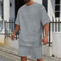 2025 summer new men's suit leisure solid color jacquard round neck fashion all-match short-sleeved T-shirt drawstring shorts set