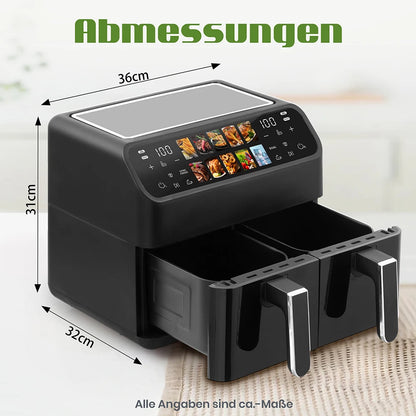 Hot Air Fryer 9L Dual Basket Electric Oilless Cooker Oven with Touch Control,10-In-1 Multifunction,Visible Window,Family Size