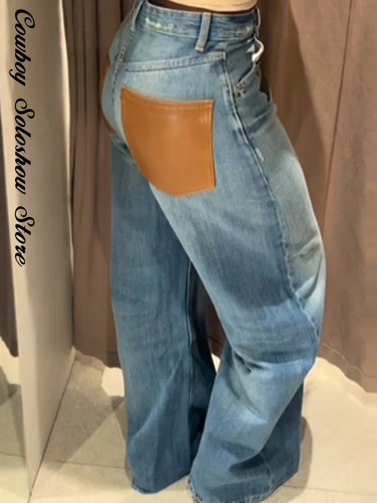 Female Vintage Leather Pocket Jeans Women Blue Zipper Straight Loose Trousers Lady New Fashion Daily Casual Spring Pants 2026