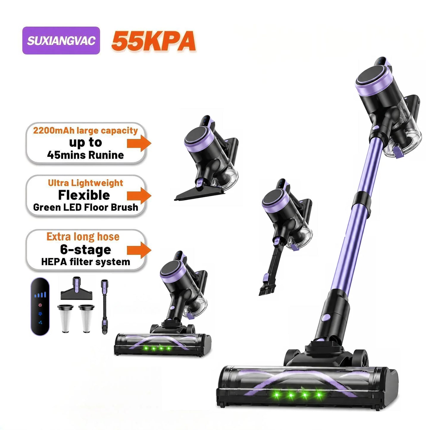 Cordless Vacuum Cleaner, 55KPa Powerful Suction, 45Mins Runtime, Self-Standing Stick Vacuum with 1.5L Dust Cup, 3 Suction Modes for Home Floor,Pet Hair and Carpet