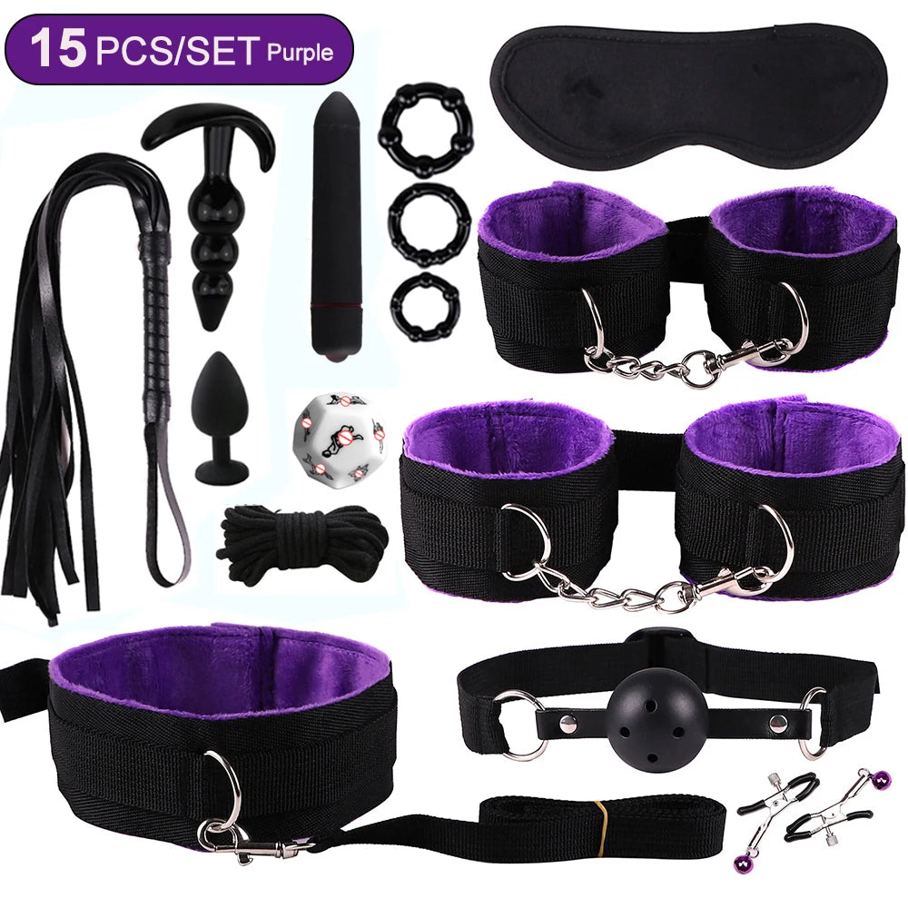 Hot Exotic Bed Bondage Set BDSM Kits Exotic Sex Toys For Women  Adults Games Leather Handcuffs Whip Gag Nipple Clamps Sex Shop