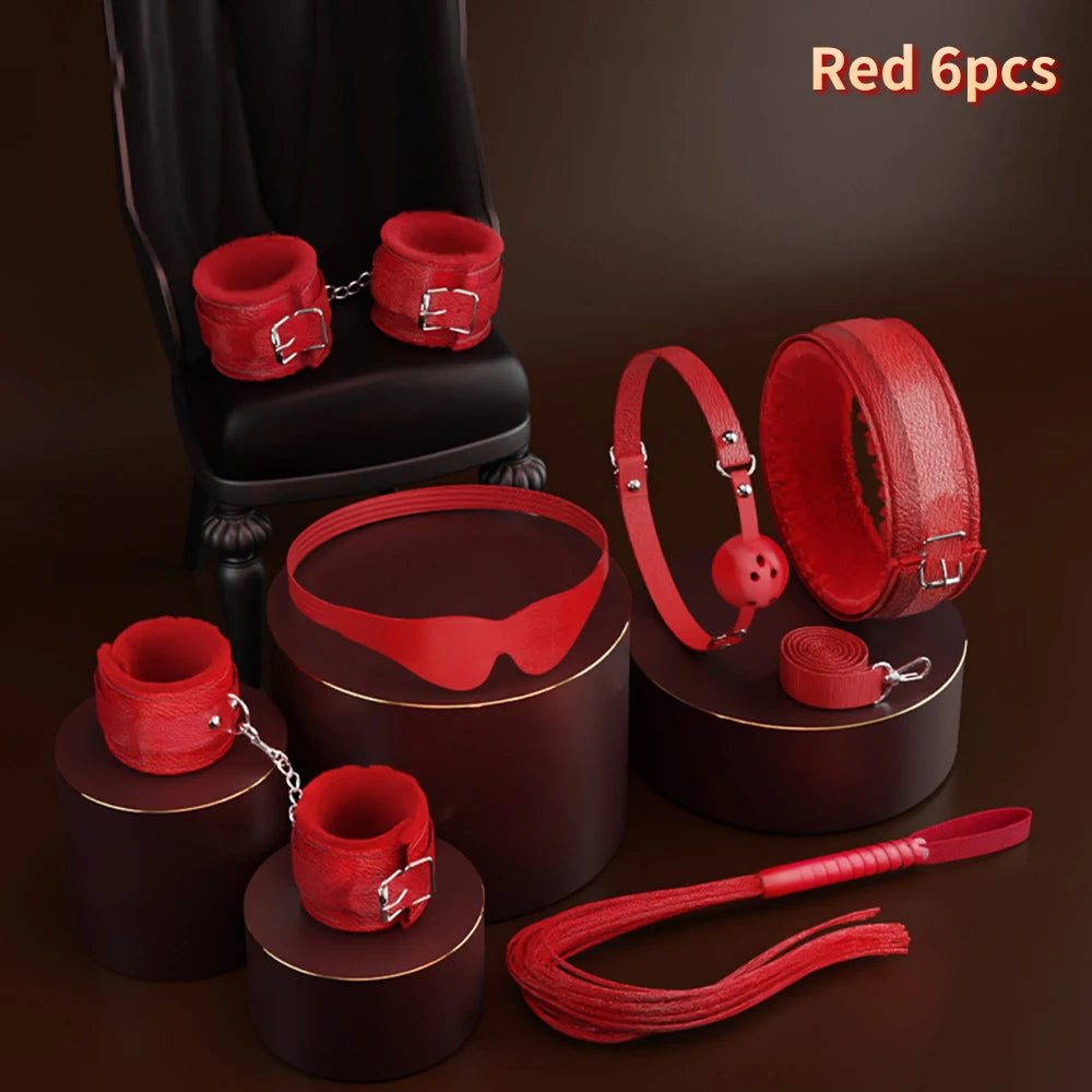 6-10Pcs/Set Sexual Bondage Handcuff Whip Adult Couple Sex Toys Tools Set Erotic Sex Toys for Woman Couples Leather BDSM Kits