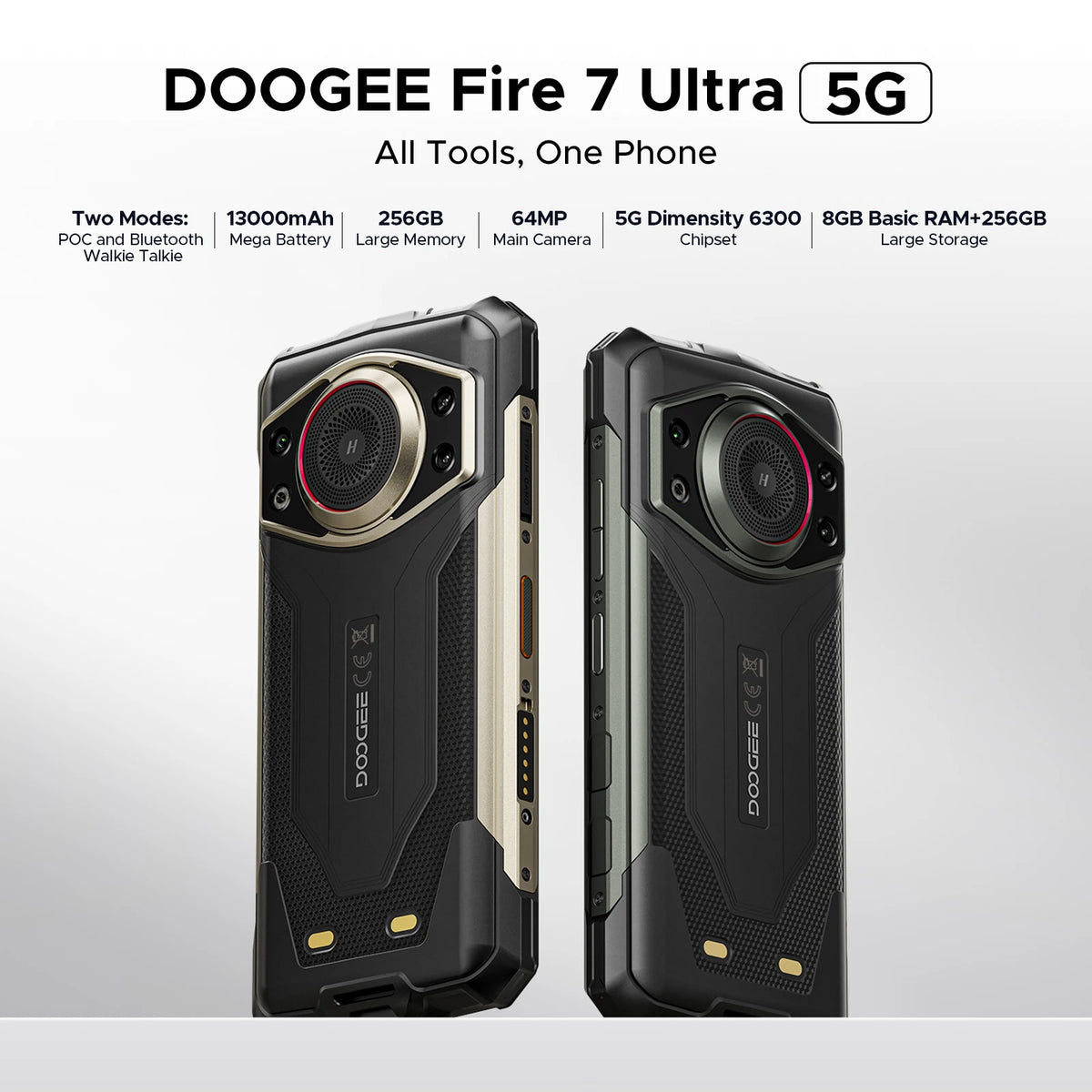 DOOGEE Fire 7 Ultra 5G Rugged Phone POC Walkie Talkie Mobile Phone 13000mAh Battery 32GB RAM (8+24) 256GB ROM Dimensity 6300 NFC