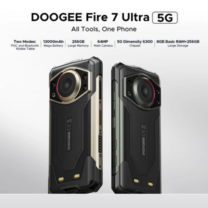 DOOGEE Fire 7 Ultra 5G Rugged Phone POC Walkie Talkie Mobile Phone 13000mAh Battery 32GB RAM (8+24) 256GB ROM Dimensity 6300 NFC