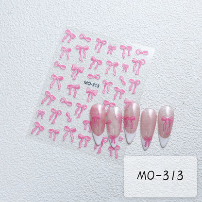 Bowknot Nail Stickers 3D Relief White Ribbon Cute Sweet Pink Self-Adhesive Nail Art Decoration Decals For Nail Tips Manicures