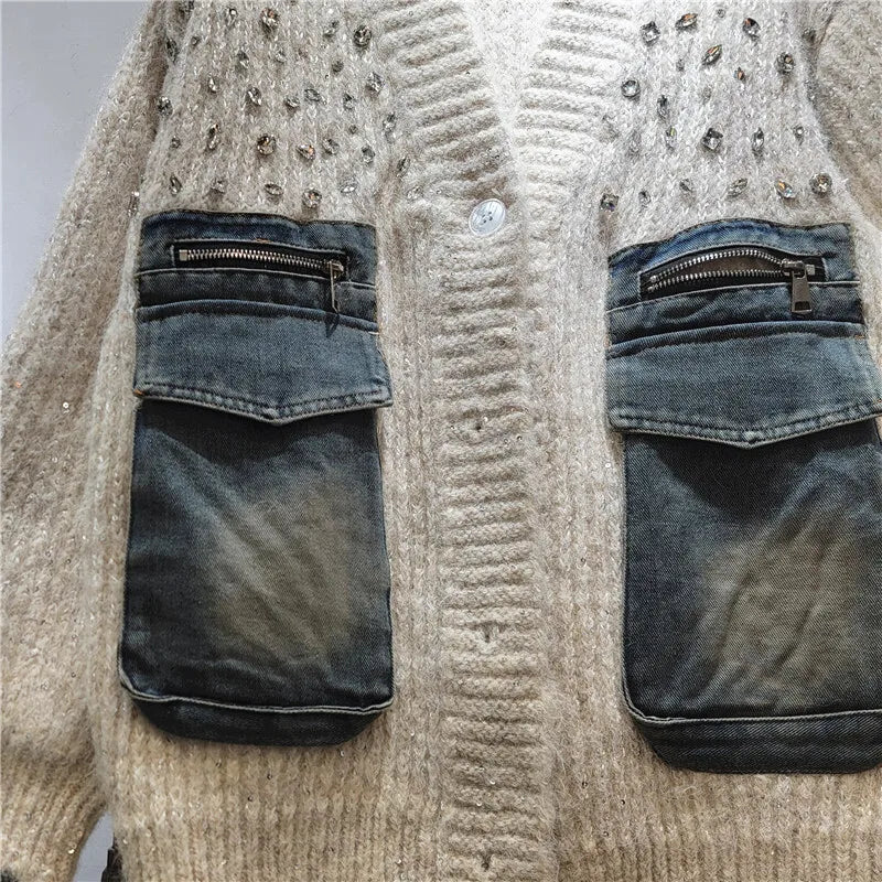 DEAT Women's Cardigan V-neck Patchwork Denim Pockets Diamonds Loose Long Sleeve Knitted Sweaters 2026 New Autumn Fashion 29A3243