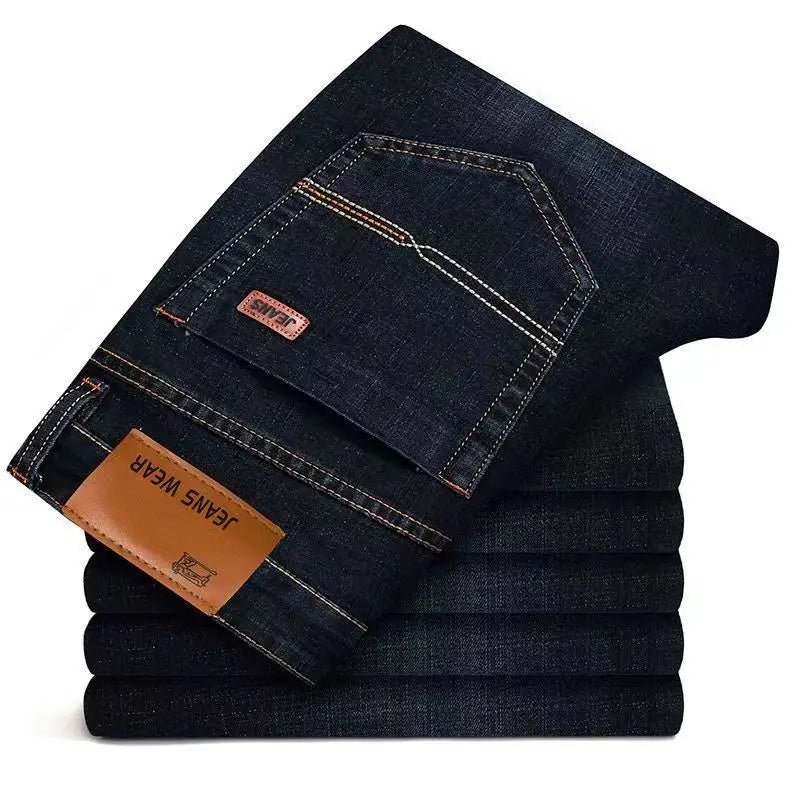 2024 Summer Thin Men's Elastic Cotton Jeans Fashion Gray Comfortable Business Straight Casual Pants High Quality Brand Trousers
