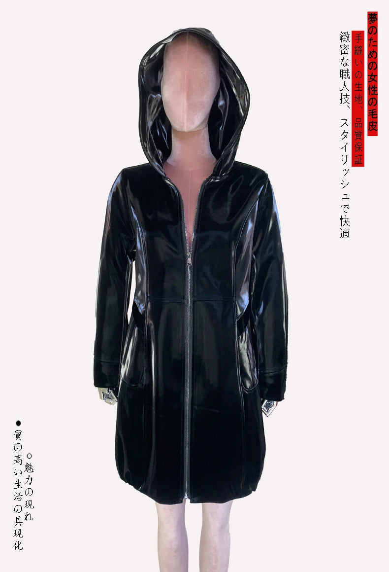 Nerazzurri Spring Fitted Waterproof Shiny Reflective Black Patent Faux Leather Jacket Women with Hood Zipper Red Autumn Clothes