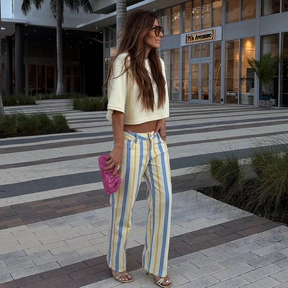 Casual Striped Women's Jeans Mid-rise Single Button Pockets Lady Curved-leg Pants 2026 Spring Summer Fashion Female Trousers
