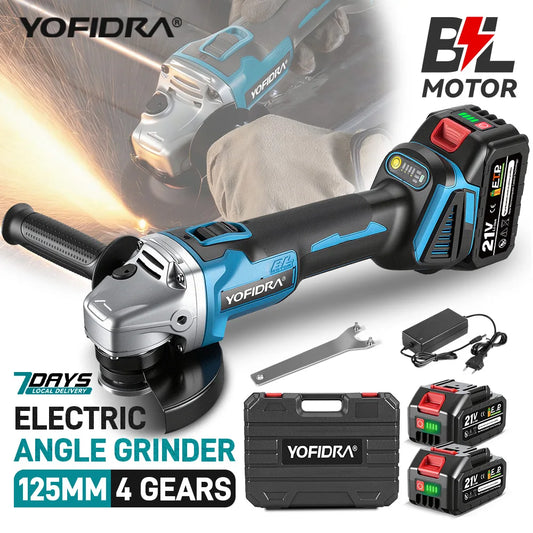 YOFIDRA 125mm 4 Gears Brushless Electric Angle Grinder Metal Wood Grinding Polishing Cutting Power Tool For Makita Battery Pin