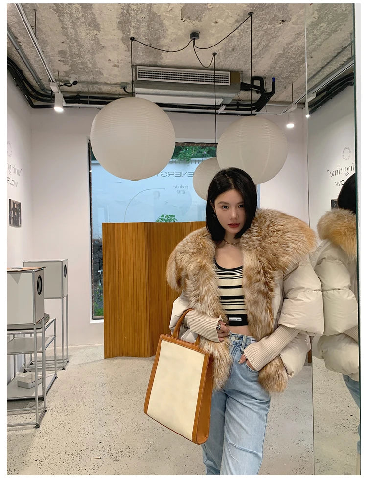 Oversized Winter Warm Real Fox Fur Collar Black Down Coat Women Puffer Outerwear Jackets 2024 Autumn Winter