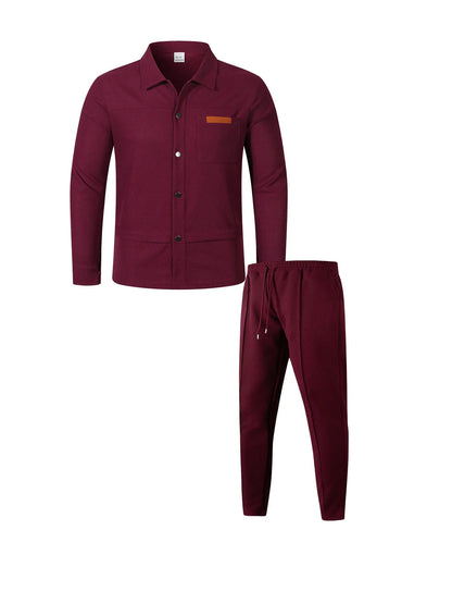 2026 Men's New Style Waffle Plain Color Collar Button-Down Pockets Long-Sleeved Pants Casual Jacket Set