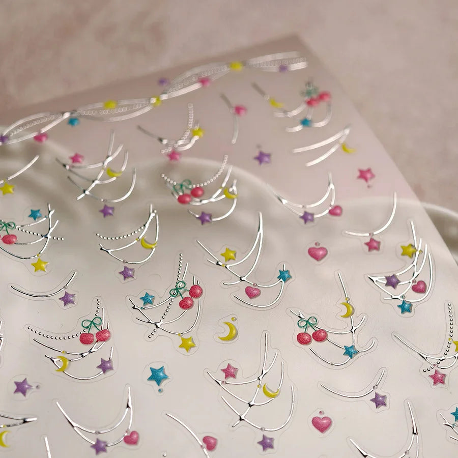 Grid Patterned Star Bowknot Cherry Polka Dot Line Colorful Geometric Five-pointed Star Adhesive Nail Art Sticker Manicure Decal