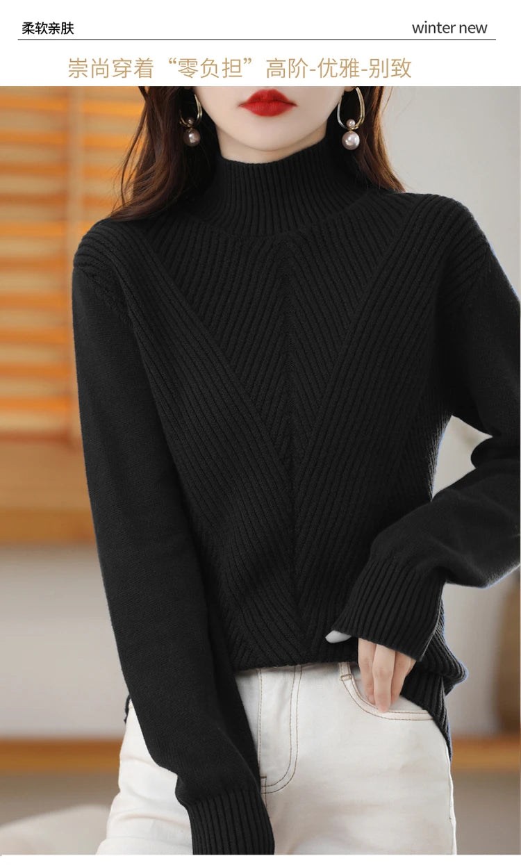 Women 100% Cotton Knit Sweater Half-high Collar Stripe Pullover Autumn Winter Thickened Bottoming Clothing Casual Knitted Tops