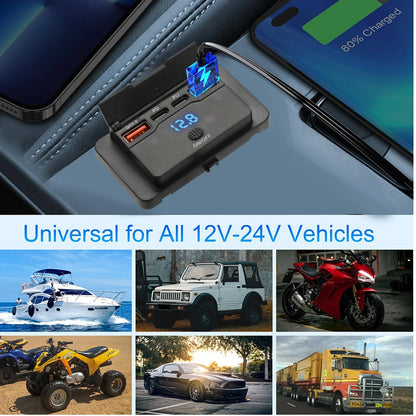 90W 3 Ports Dual PD Car Charger Socket with ON OFF Switch 18W QC3.0 Fast Charging for Motorbike Car Boat ATV UTV Camper Caravans