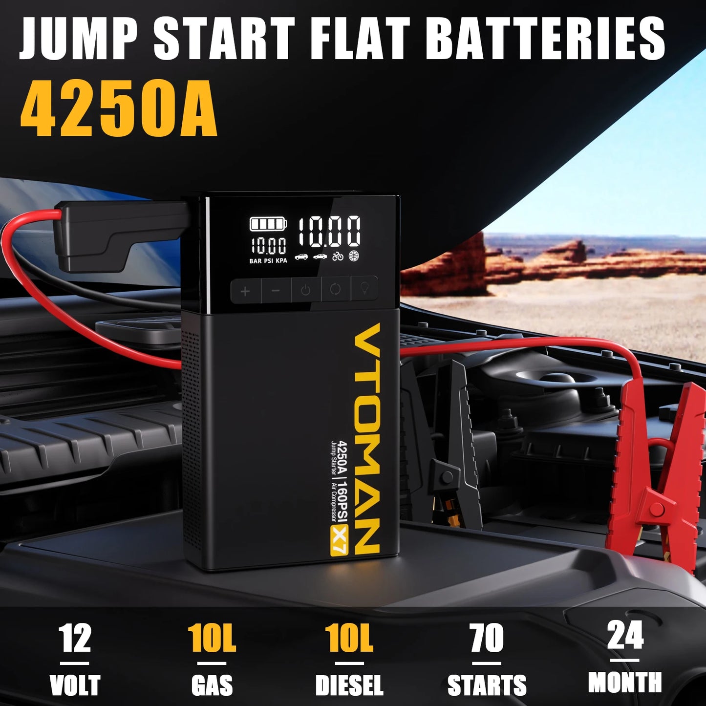 VTOMAN X7 4-in-1 Car Jump Starter 4250A - 160 PSI Air Compressor, 12V Car Battery Booster & Portable Power Bank