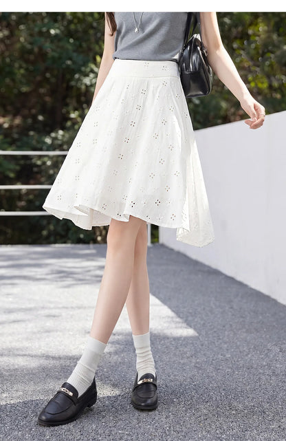 SENTUBILA Women's White Cotton Summer Skirt 2026 Woman Fashion Hollow Embroidery A-Line Short Skirt Female Clothes Q62QG7173