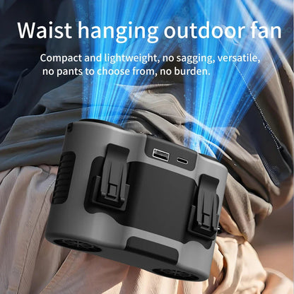 25000mAh Outdoor Waist Clip Fan Handheld Hanging Neck Fan 5-Speed Strong Wind Dual Air Vents USB Rechargeable Power Bank