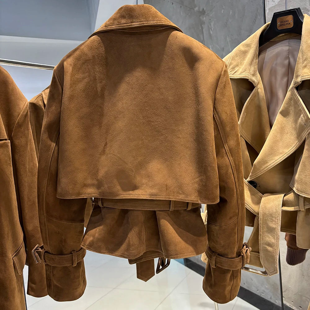 YOLOAgain 2025 Autumn Elegant Real Leather Jacket Coat Women Oversized Leather Jacket With Belt