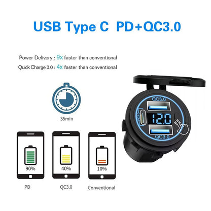 3 Ports Quick Charge Dual PD & QC 3.0 112W Aperture Car Charger Outlet Socket For 12V 24V Motorcycle Boat Marine Truck ATV