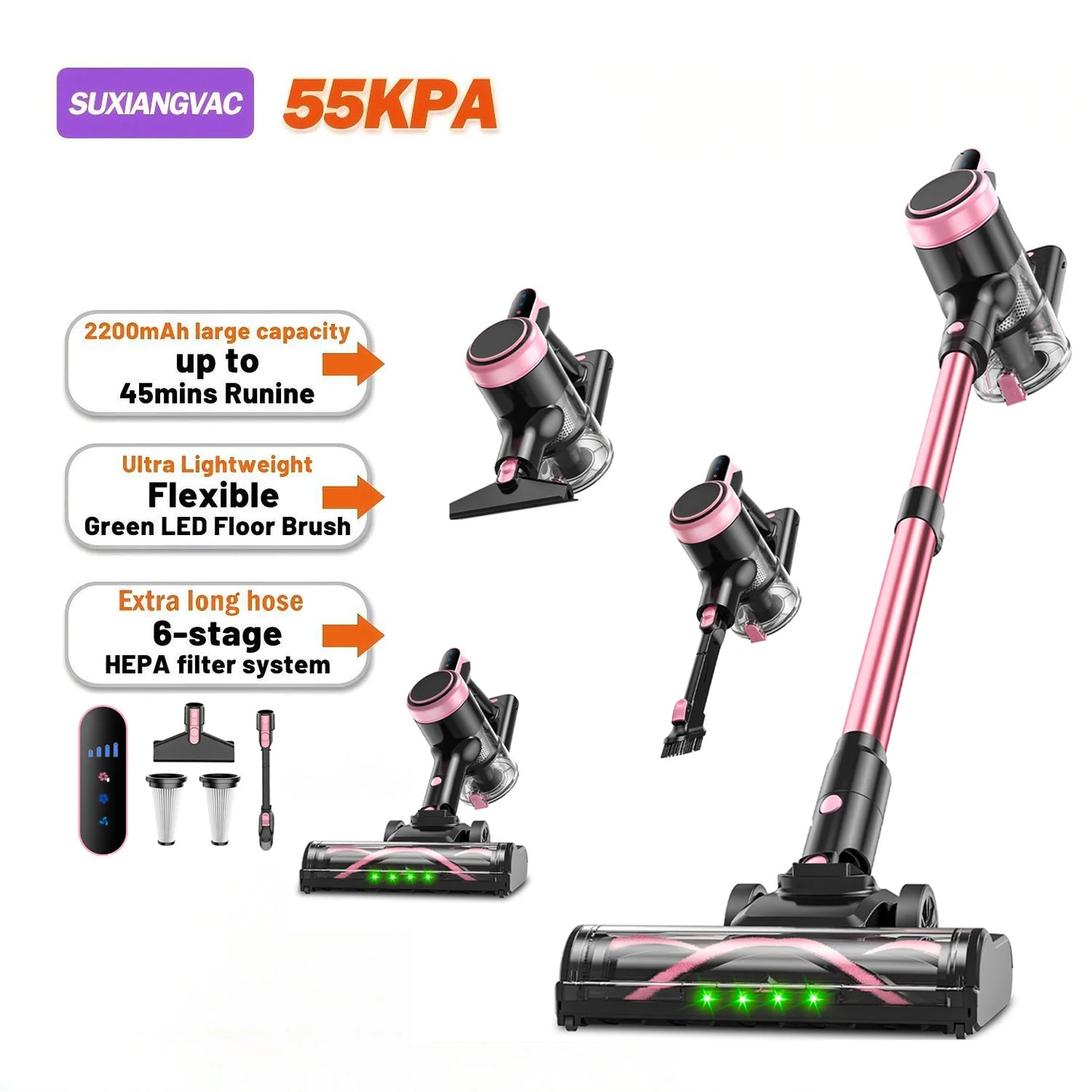 Cordless Vacuum Cleaner, 55KPa Powerful Suction, 45Mins Runtime, Self-Standing Stick Vacuum with 1.5L Dust Cup, 3 Suction Modes for Home Floor,Pet Hair and Carpet