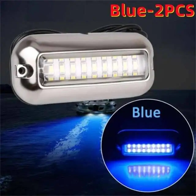 2PCS 27LED Blue/White/Red Stainless Waterproof Lights Underwater Pontoon For Marine Boat Transom&Blue Light Saig Lamp 50W