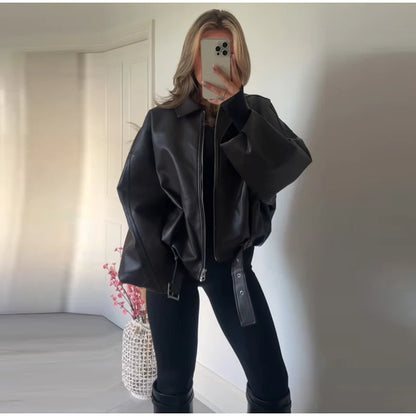 Street Women's Belt Leather Jackets Loose Lapel Zipper Long Sleeve Pockets Female Coats 2026 Autumn Lady Fashion Y2k Outwear