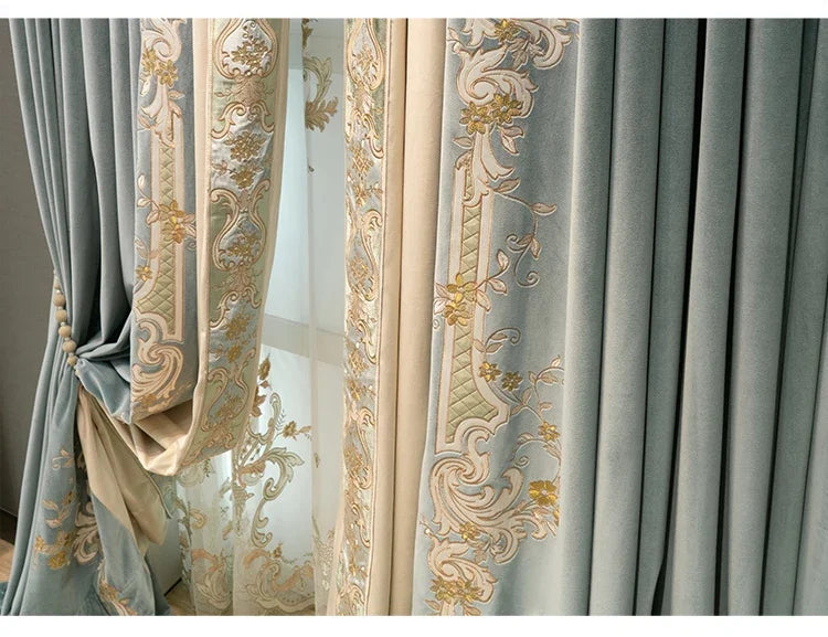 European Embroidered Thickened Blackout Blue Velvet Curtains for Living Room Bedroom Blackout  Lace Luxury Valance Tulle Custom