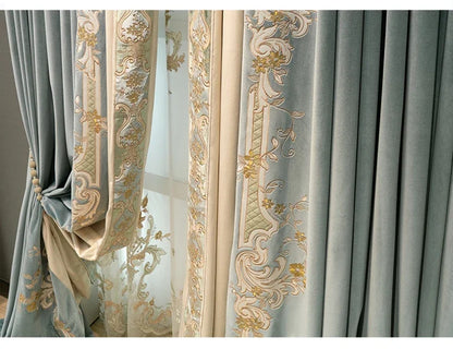 European Embroidered Thickened Blackout Blue Velvet Curtains for Living Room Bedroom Blackout  Lace Luxury Valance Tulle Custom