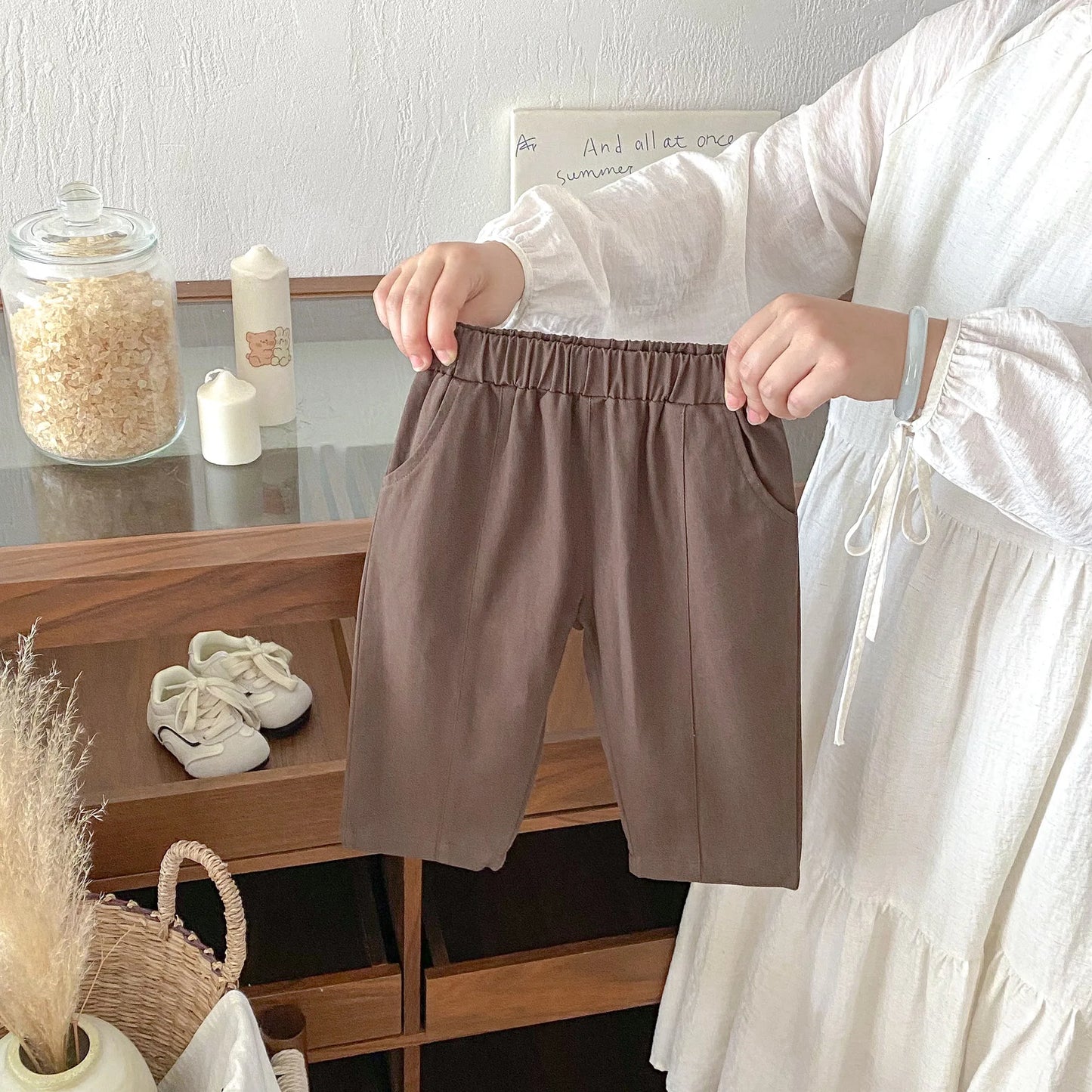 Toddler Girl Cotton Pleated Harem Pants 1-6Y Kids Boys Solid Color Casual Roll Up Trousers Comfy Elastic Waist Kids Bottoms