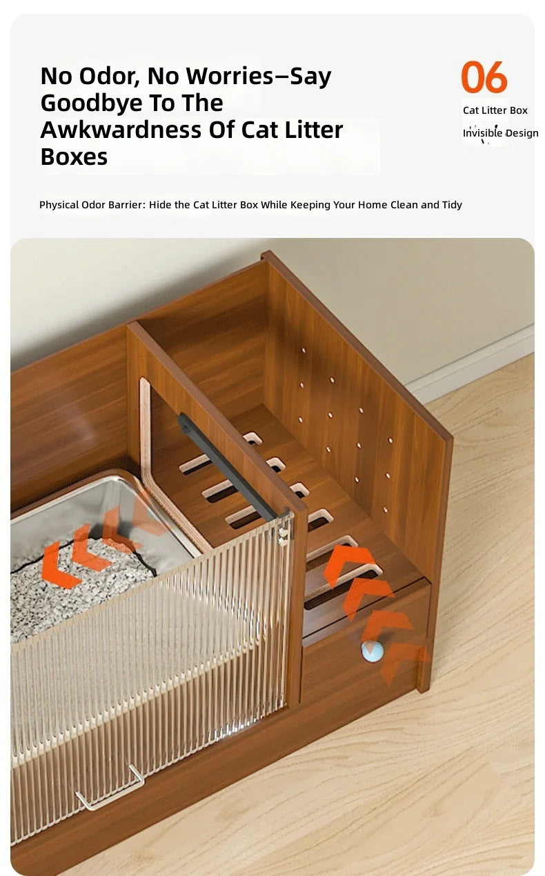 Triple-Function Cat House with Litter Box & Storage,Human-Pet Shared Furniture,Cat Tree Hut, Indoor Cat Den,Multi-Level Cat Fort