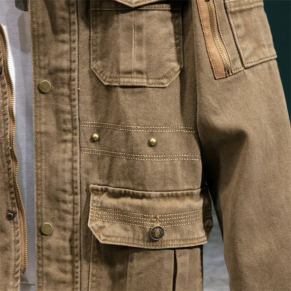 American Retro Style Men's Spring Casual Jackets Heavyweight Cotton Multi-Pockets Loose Cargo Jacket Fashion Outerwear
