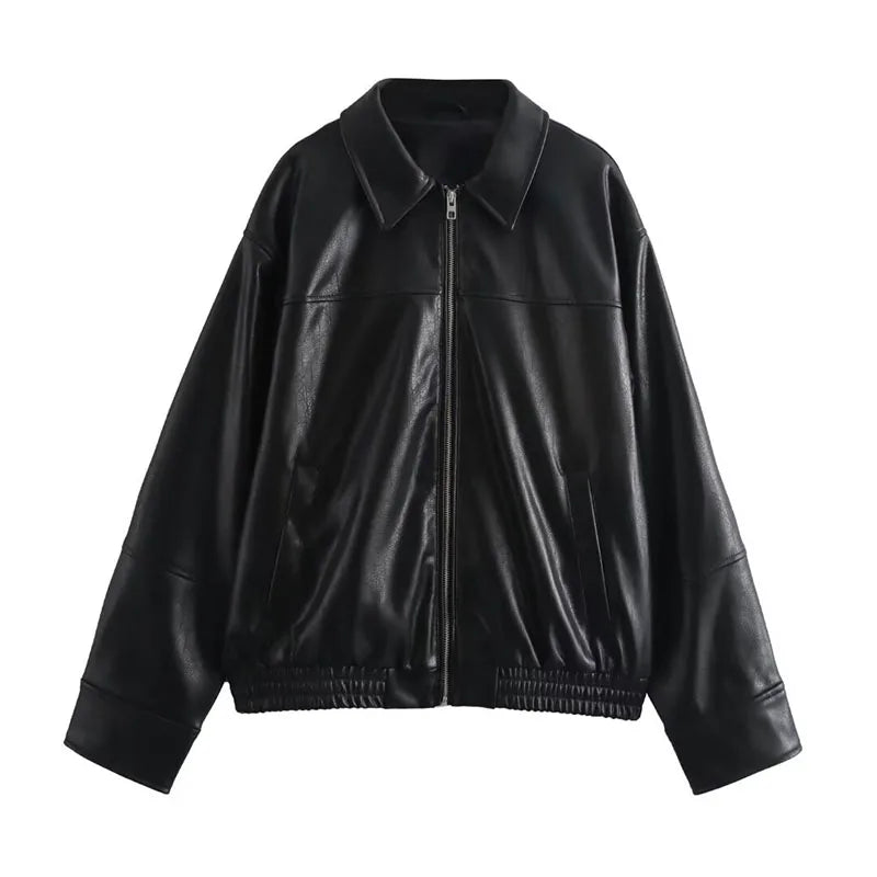 Street Women's Belt Leather Jackets Loose Lapel Zipper Long Sleeve Pockets Female Coats 2026 Autumn Lady Fashion Y2k Outwear