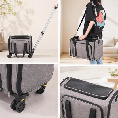 Foldable Pet Carrier With Wheels, 600D Oxford Fabric, Large Storage Pocket, For Car Travel And Hiking, Supports 11.3kg, Black