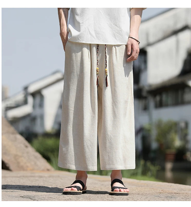 Men Loose Fit Shorts Summer Breathable Casual Pants Wide Leg Linen Cotton Plus Size5XL Comfortable Outdoor Harajuku Trousers Men