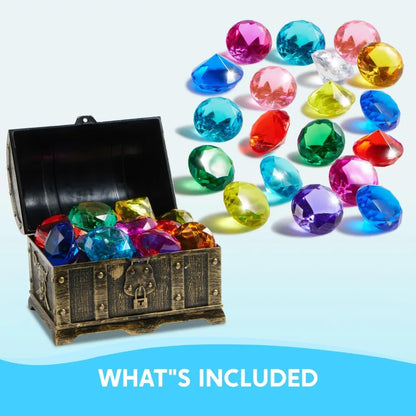 Sloosh Diving Gems Pool Toys16 Big Colorful Diamond with Pirate Treasure Chest Swim Dive Diving Underwater Toy Gift Toys