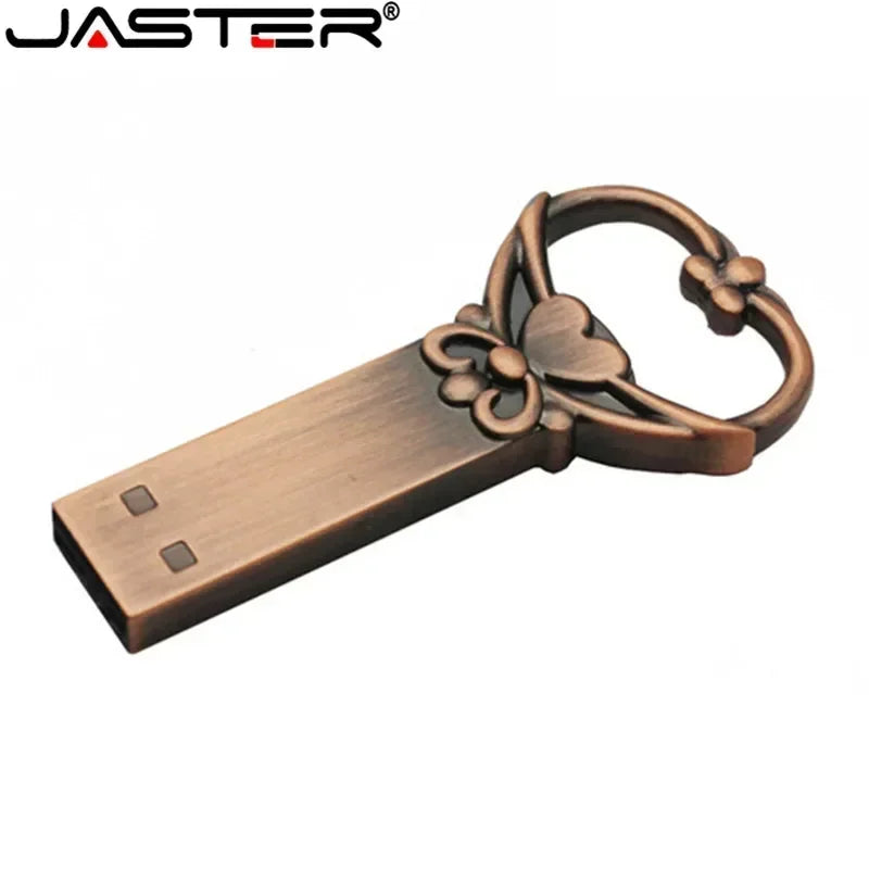 JASTER Copper love heart shaped key usb flash drive pendrive pen drive 4gb 16gb 32gb 64gb metal keys memory Stick wedding gift
