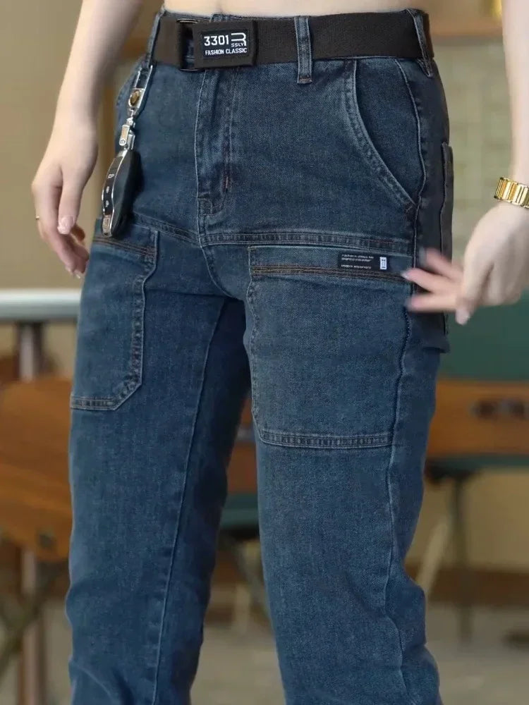 Spring Summer Thin Six Pocket Men's Jeans Elastic Straight Leg Casual Slim Fit Jeans Versatile Multi-Pocket Long Y2K Denim Pants