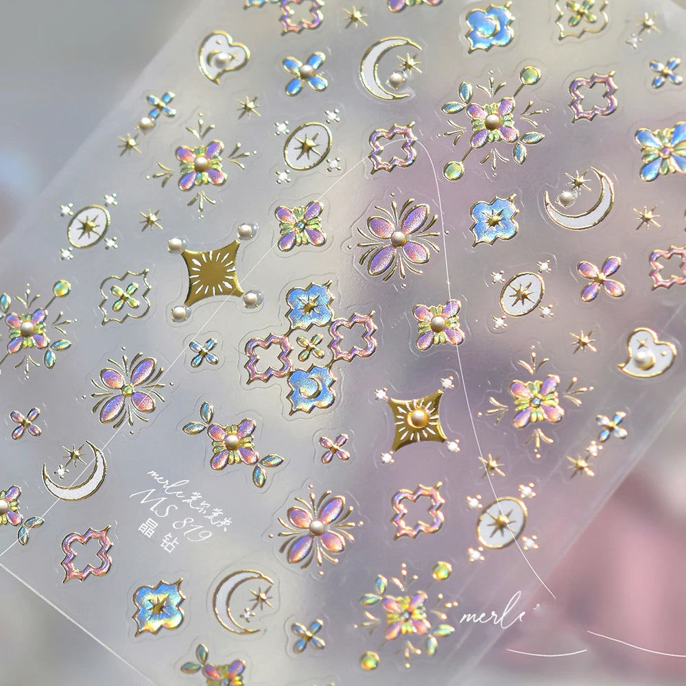Bohemian Pattern Colorful Love Heart Moon Pearl Crystal Rhinestone 5D Nail Art Sticker Self Adhesive Decoration Manicure Decal