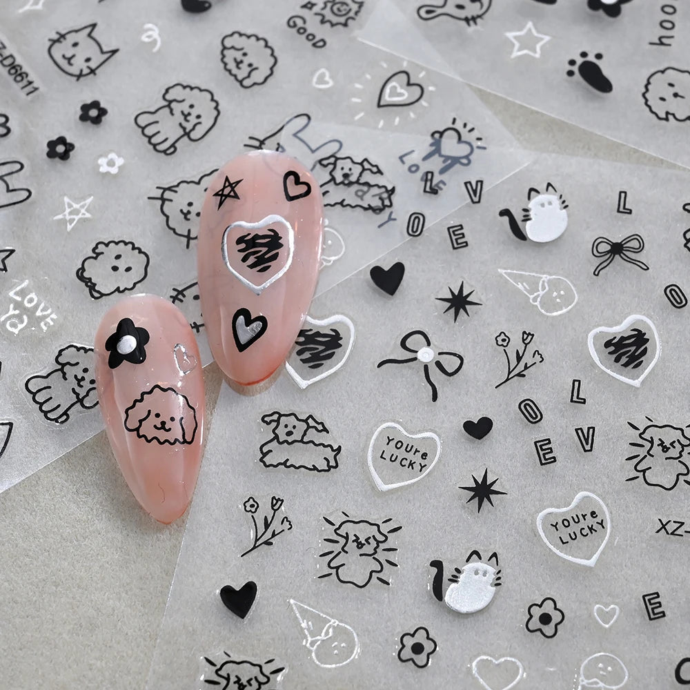 12pcs/set Cute Cartoon Dog/Cat Nail Art Stickers 3D Graffiti Black Cat Dog  Nail Decals 8*10cm Self-Adhesive Cartoon Nail Art Su