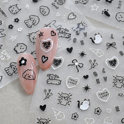 12pcs/set Cute Cartoon Dog/Cat Nail Art Stickers 3D Graffiti Black Cat Dog  Nail Decals 8*10cm Self-Adhesive Cartoon Nail Art Su
