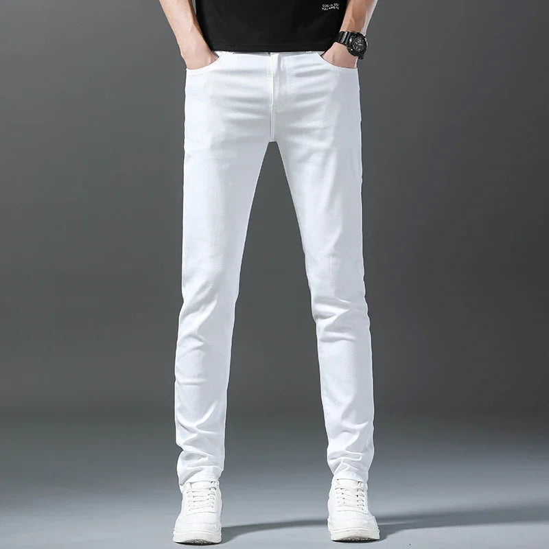 2026 Spring New Men Slim Jeans 98% Cotton White Stretch Straight Casual Fashion Pencil Pants High Quality Trousers Male Clothes