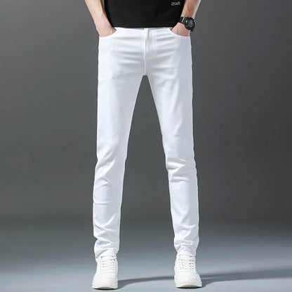 2026 Spring New Men Slim Jeans 98% Cotton White Stretch Straight Casual Fashion Pencil Pants High Quality Trousers Male Clothes