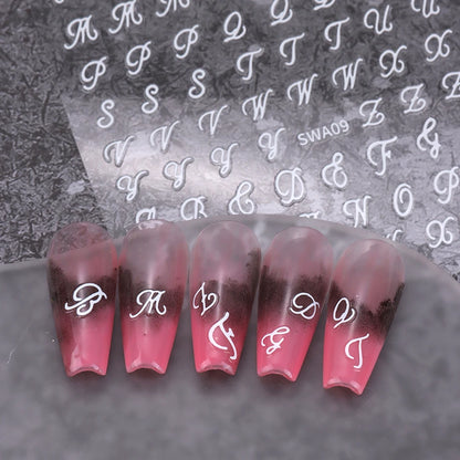 4pcs Roman Letter Nail Stickers Golden Silver Black White Alphabet Design Self Adhesive Decal English Words DIY Manicure Decor
