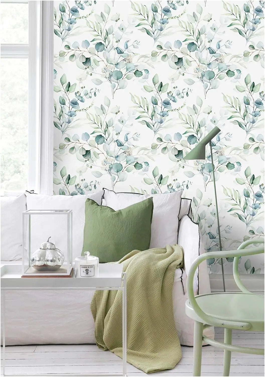 Green Leaves Peel and Stick Wallpaper Green/White Eucalyptus Leaf Floral Self Adhesive Wallpaper Wall Mural Home Nursery Decor